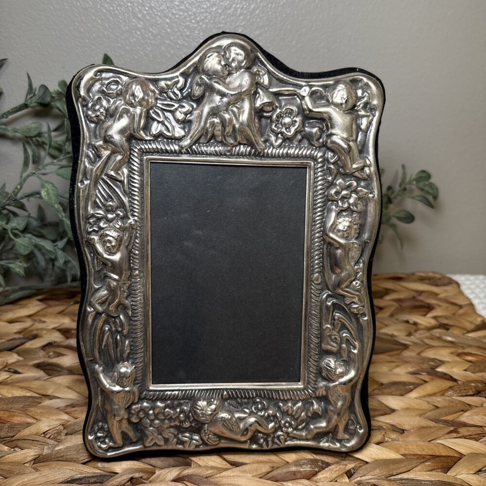 Silver Tone Cherub Putti Picture Frame Ornate Rococo 3.5x5 Glass Victorian VTG